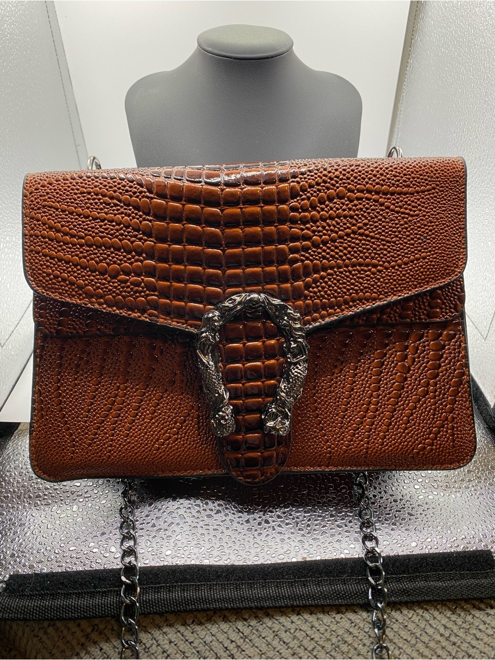 Brown Croc-Embossed Leather Shoulder Bag with Chain